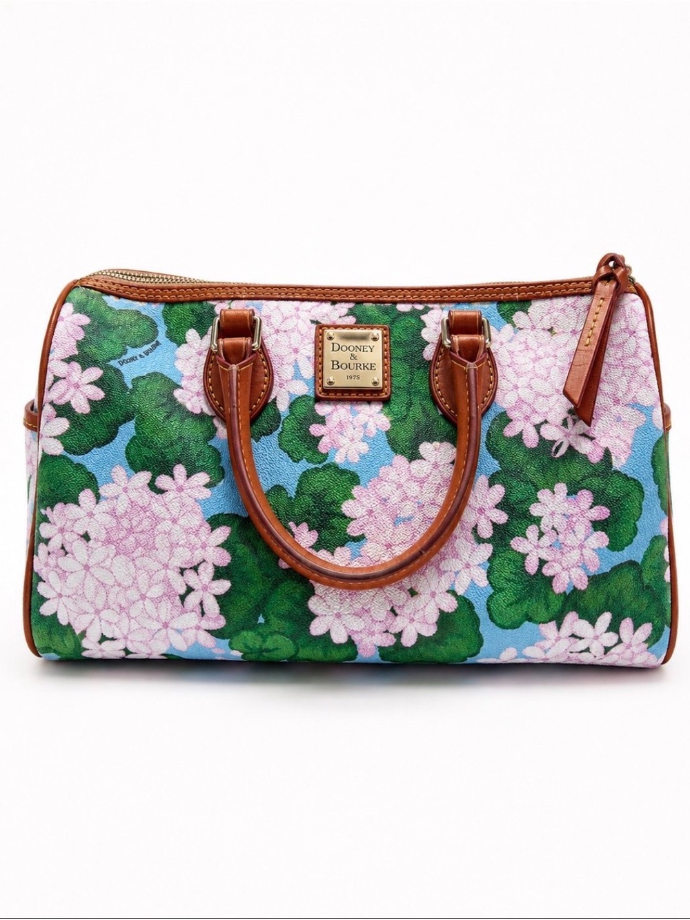 Dooney & Bourke Pink Floral Canvas Satchel with Brown Leather Trim